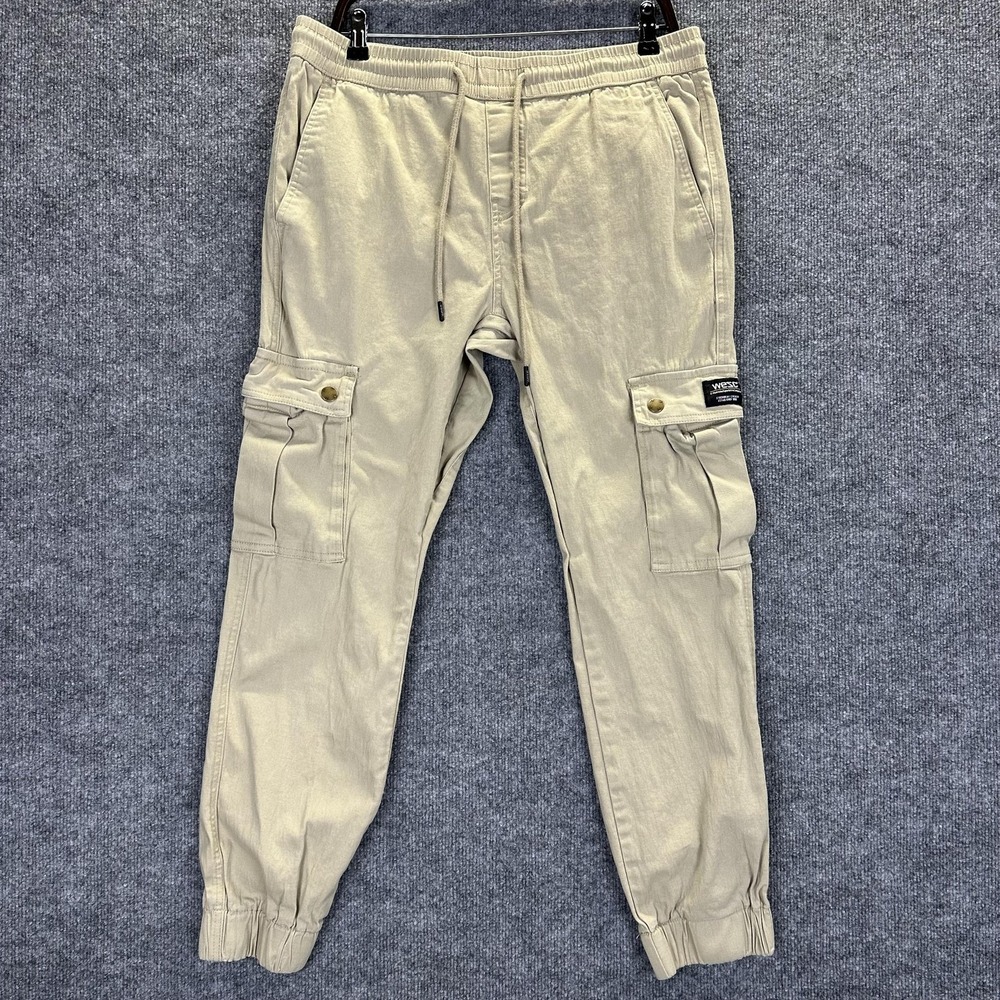 WeSC Cargo Jogger Pants Mens 34x28 Beige Slim Utility Elastic Waist Cuffed
